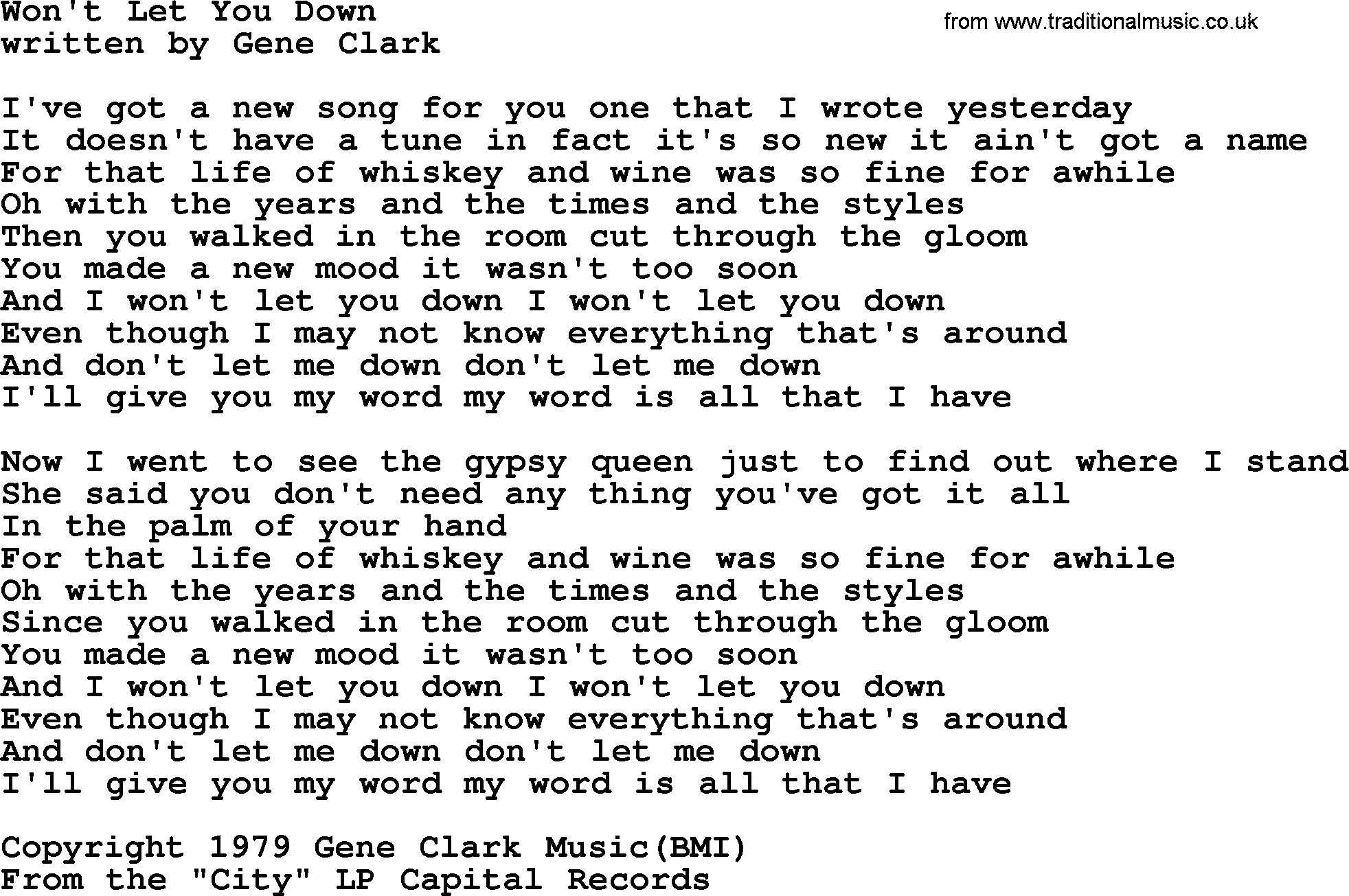 Won T Let You Down By The Byrds Lyrics With Pdf