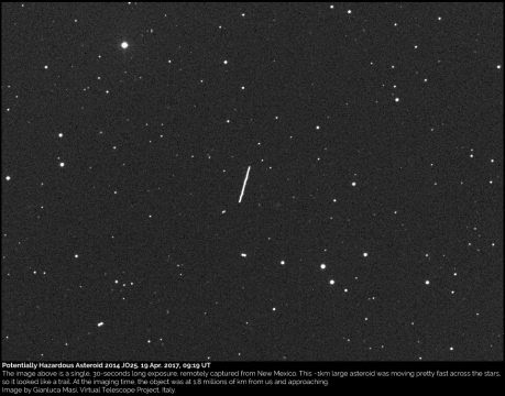 Asteroid 2014 JO25, imaged by the Virtual Telescope Project on April 19th (30 second exposure). Gianluca Masi/The Virtual Telescope Project 