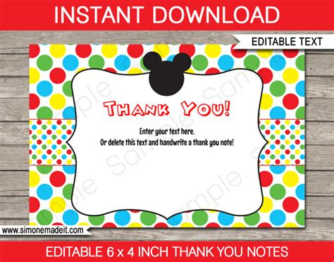  printable mickey mouse thank you cards template birthday party tags