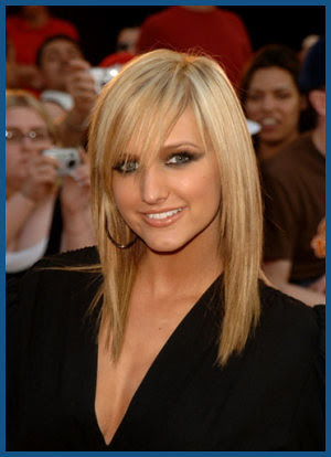 Sleek, long layered hair style with choppy bangs. Side layers are very