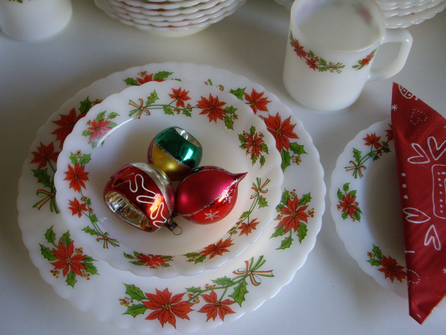 Christmas Holidays Dinnerware Set for 7 plus - Milk Glass Indopal Indonesia Glass Poinsettia Pattern