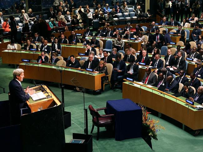 US Secretary of State John Kerry speaks at the United Nations Signing Ceremony for the Paris Agreement climate change accord.