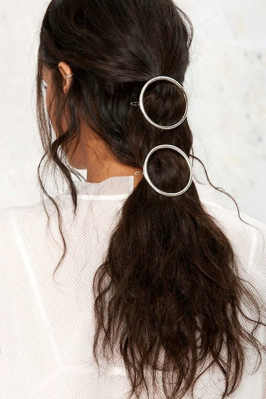 Le Fashion Blog Inspiration Hairstyle Accessories Brown Long Wavy Hair Two Silver Circle Clips Sheer White Long Sleeve Top Bra Via Nasty Gal