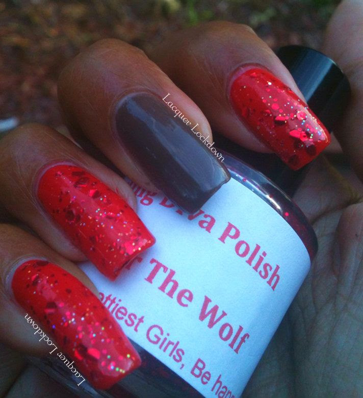 Lacquer Lockdown - darling diva polish, red after the wolf swatch, nail art, red glitter polish, indie, spoiled swatch