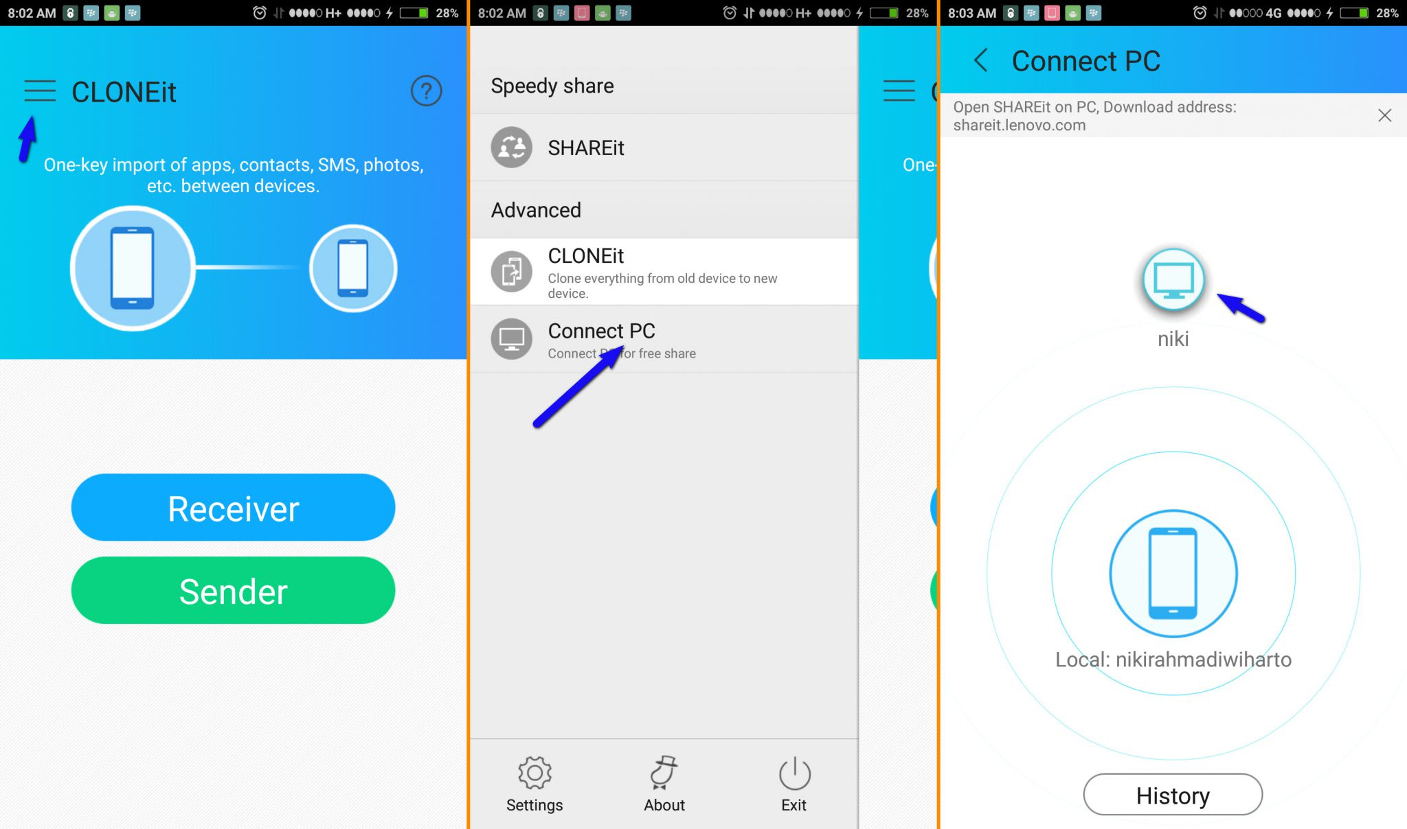 Selanjutnya pada SHAREit di Android, lakukan langkah seperti di bawah ...