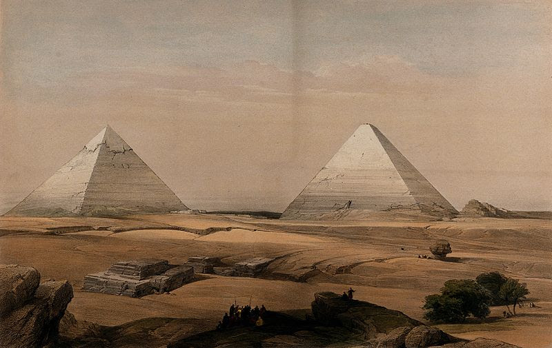 File:Pyramids at Gîza, Egypt. Coloured lithograph by Louis Haghe Wellcome V0049346.jpg