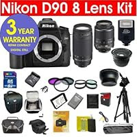 Nikon D90 12.3 MP Digital SLR Camera with 8 Lens Deluxe Camera Outfit # Nikon 18-55 VR Lens # Nikon 70-300 G Lens + 42X Super Wide Angle Fisheye Lens + 2X Telephoto Lens # Extra Rechargable Battery + 2 UV Filters + Circular Polarizing Filters # 2 Cases + 2 Tripods + 6 Piece Starter Kit