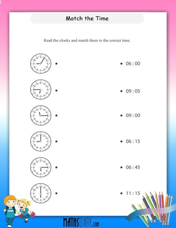 Match the time worksheets - Math Worksheets - MathsDiary.com
