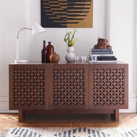 carved wood media console  west elm