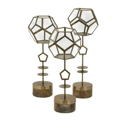 Set of 3 Contemporary Glass Geodesic Bowl and Mango Wood Terrarium Plant Stands 18