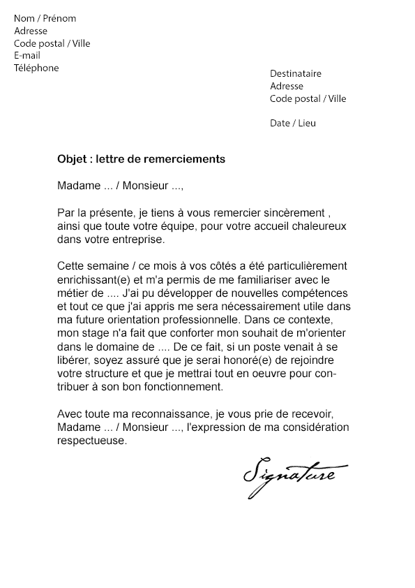 Lettre De Remerciement Suite A Un Stage Modele De Lettre