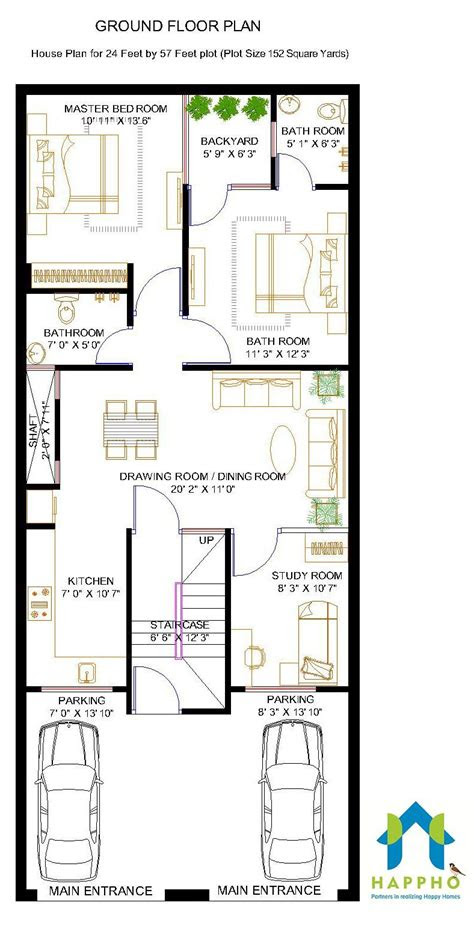 Master bedroom of this 1200 sq ft 2bhk house plan: 2-BHK Floor Plan for 24 X 57 Feet plot (1368 Square Feet)