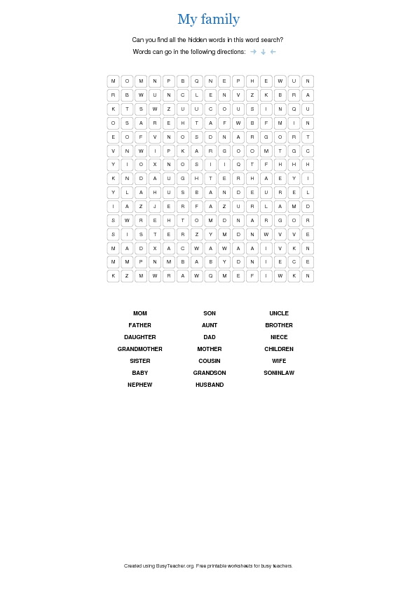 my family elementary word search