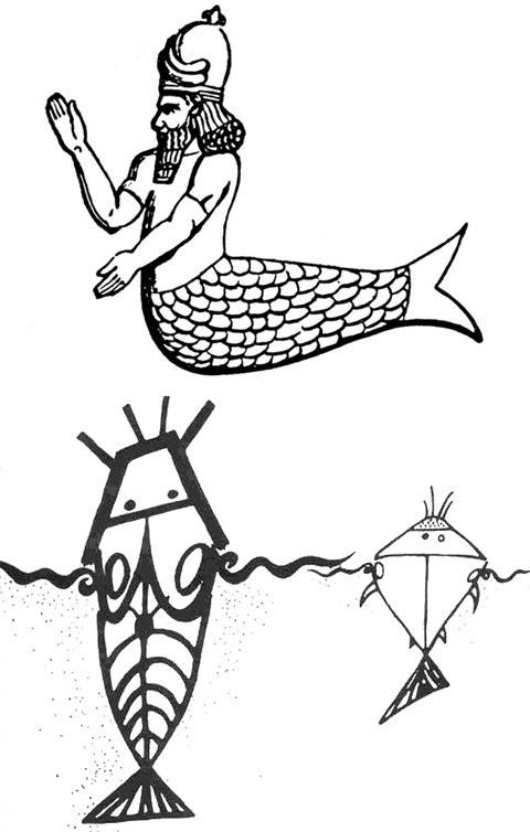 Representación de Oannes (arriba) y dibujo de la tribu Dogon sobre los Nommos, los "dioses-pez" (abajo).