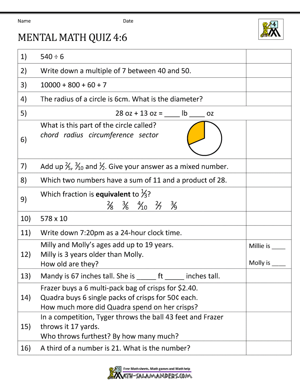 Mental Math 4th Grade