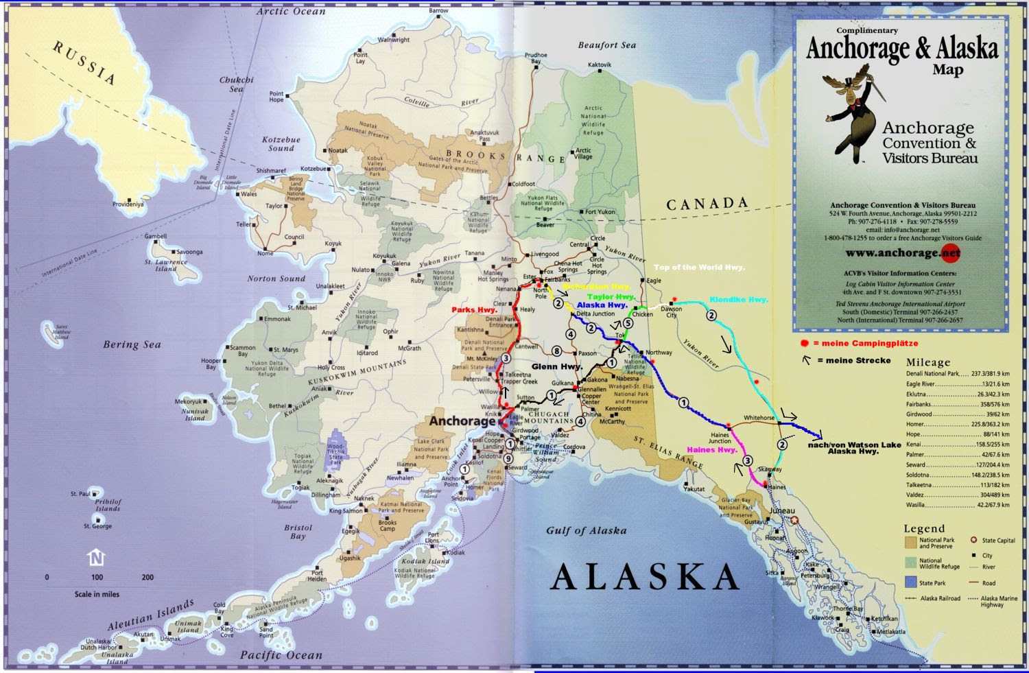 Reiseroute/Campingplatzübersicht Alaska - Kanada, Kawasaki ...