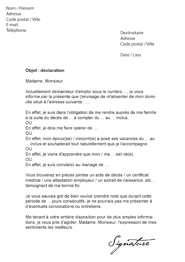 Lettre de déclaration Pôle Emploi (Absence) - Modèle de Lettre