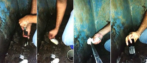 Celulares foram encontrados 'entocados’ em buraco escavado no piso do banheiro de uma das celas do CDP de Candelária (Foto: Divulgação/Coape)