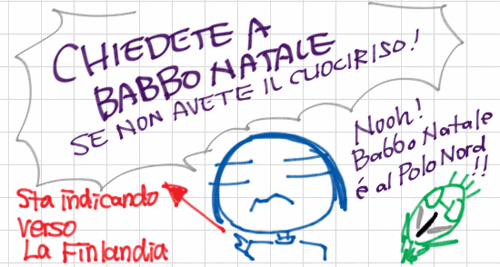 CHIEDETE A BABBO NATALE se non avete il cuociriso! Sta indicando verso la Finlandia. Noooh! Babbo natale e' al Polo Nord!!