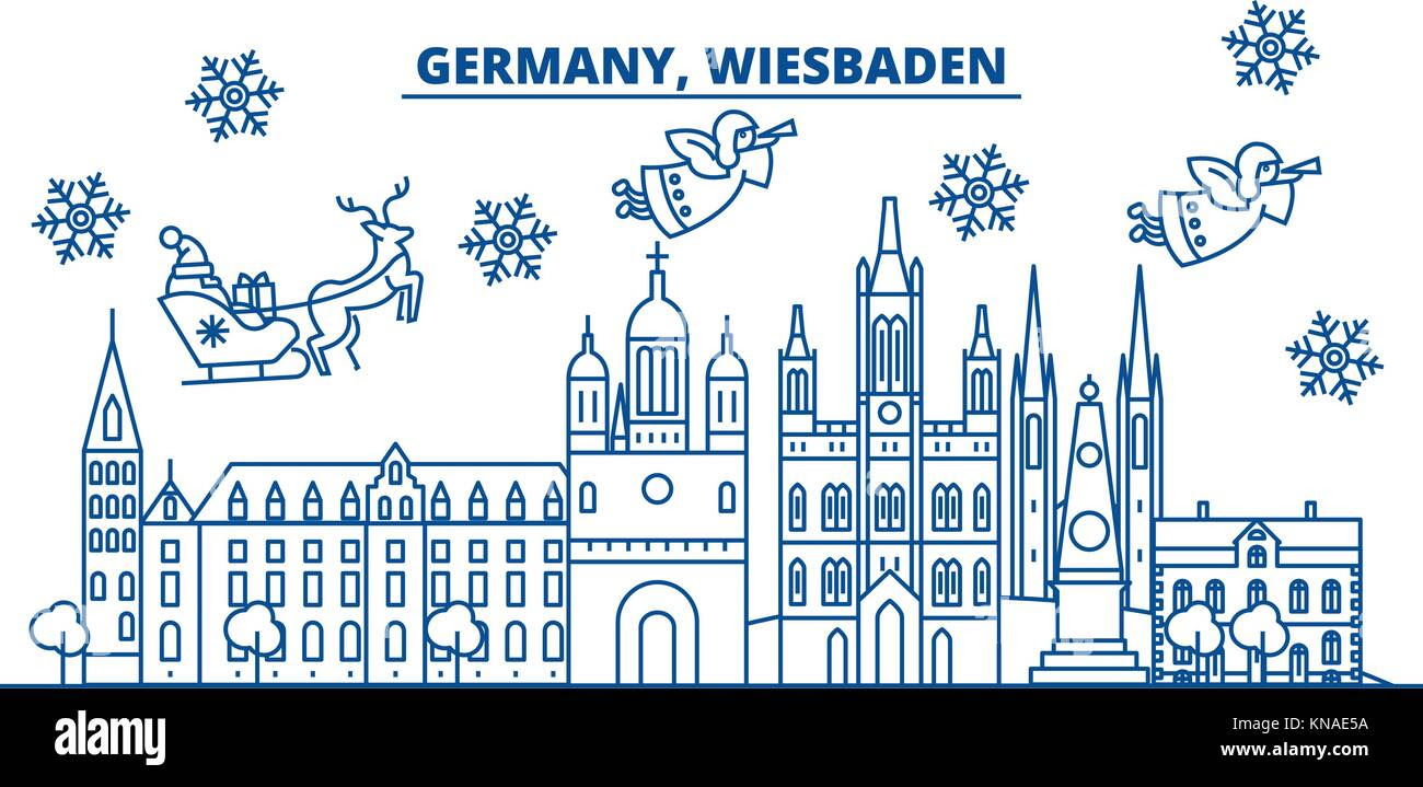 Merry Christmas Happy New Year decorated banner with Santa Claus Winter greeting line card Flat outline vector Linear christmas snow illustration