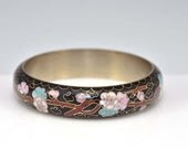 Cloisonne Bangle Cherry Blossoms Enamel Black Pink Blue Flowers Chinese Asian Oriental Sakura Vintage - 2448