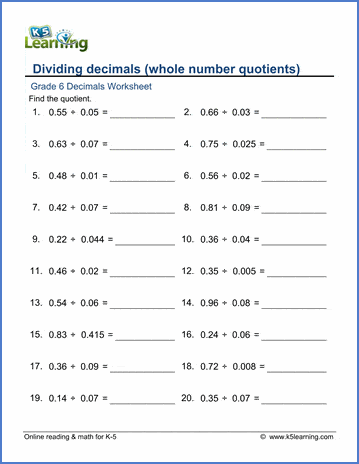 Grade 6 Division of Decimals Worksheets  free  printable  K5 Learning