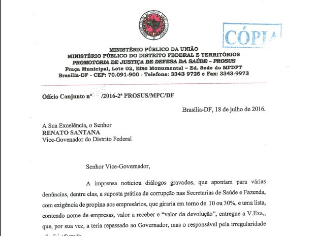 Ofício elaborado pelos ministérios públicos de Contas e do DF encaminhado ao vice-governador Renato Santana (Foto: Reprodução)