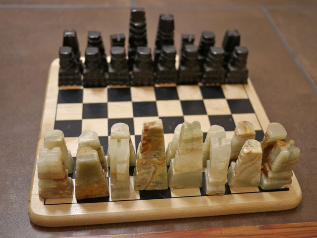 Vintage Handcarved Mexican Aztec Mayan White Marble & Onyx ... 12 inch stone chess set ,marble chess set with velvet box , traveler chess set hand carved fossil coral and black marble chess set.