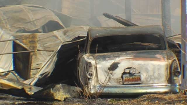 Smoke rises from the charred remains of a Studebaker after a fire in Chesnee. (Feb. 6, 2013/FOX Carolina)