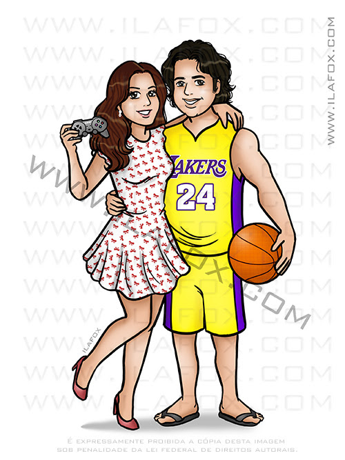caricatura desenho, caricatura casal, caricatura hobby, caricatura basquete, controle playstation, caricatura namorados, caricatura divertida, caricatura bonita, by ila fox