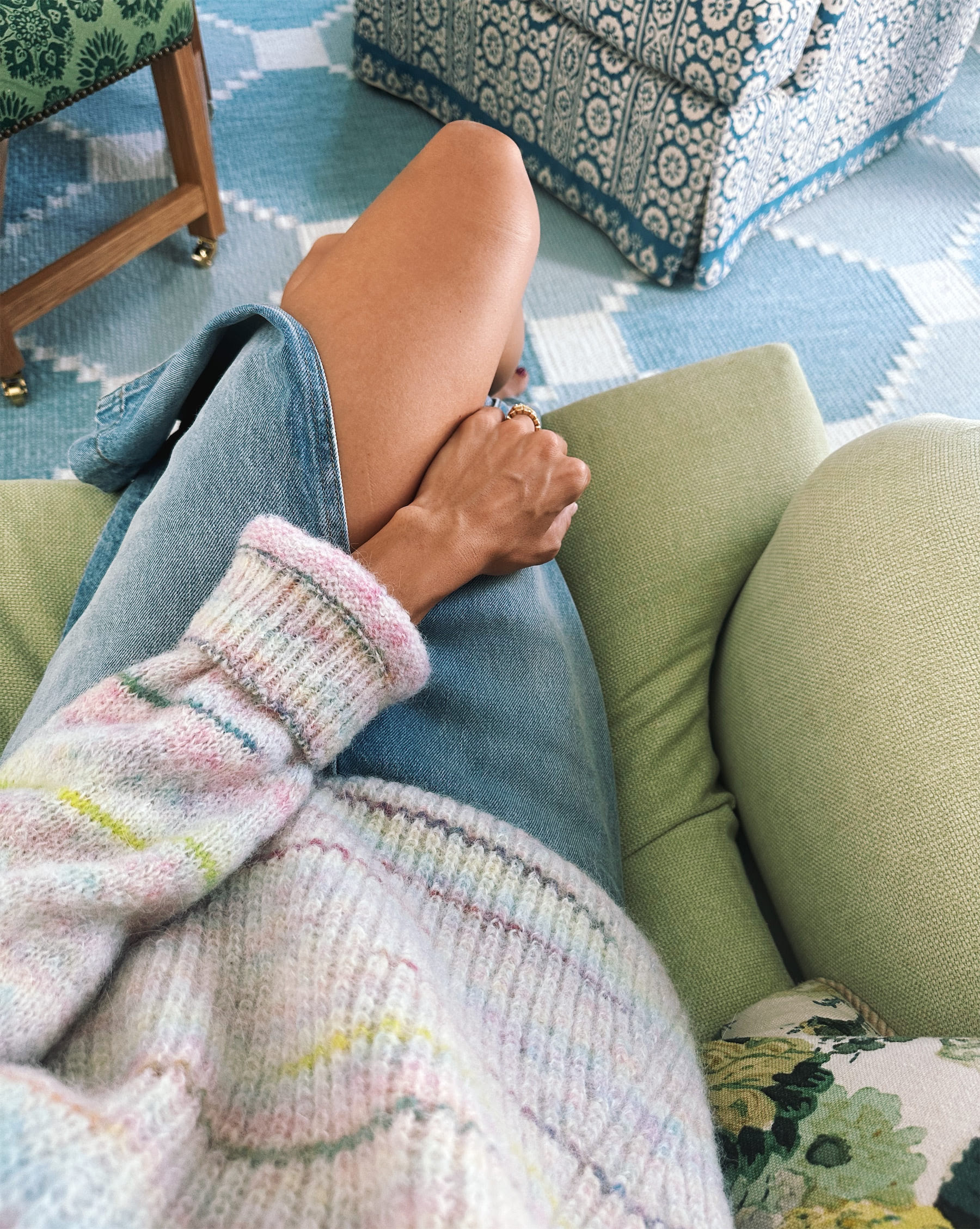 denim skirt pastel sweater
