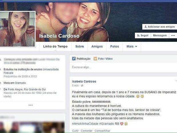 Gaúcha critica Maranhão e gera polêmica nas redes sociais (Foto: Reprodução/Facebook)