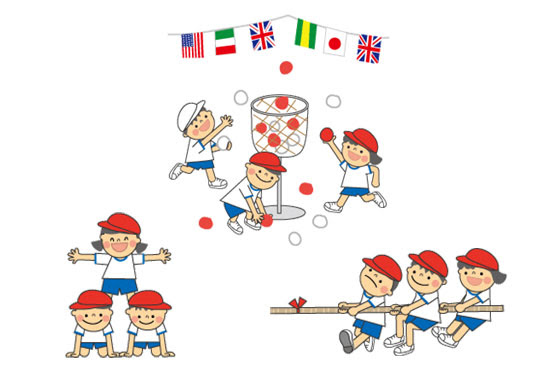 無料素材 運動会の子供達を描いたイラスト素材セット 玉入れや組体操に綱引きなど