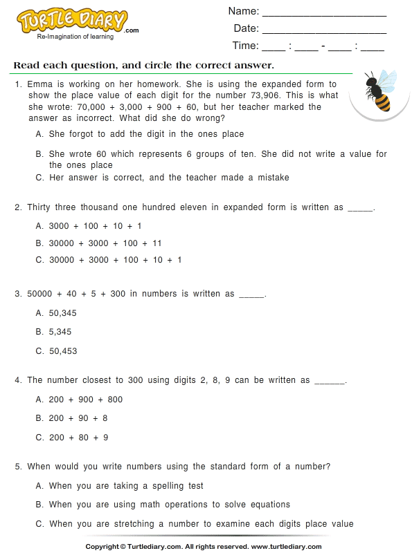 Write Numbers in Standard Form Worksheet - Turtle Diary