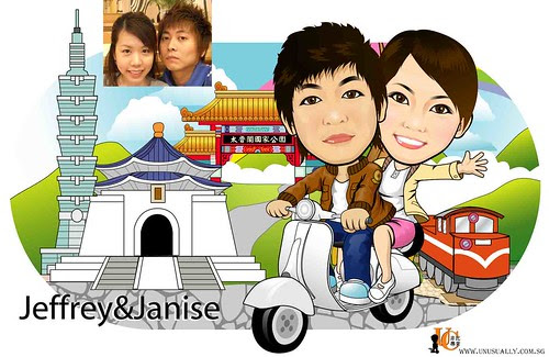 Custom Caricature Drawing Of Sweet Lovely Couple On Bike Touring Taiwan