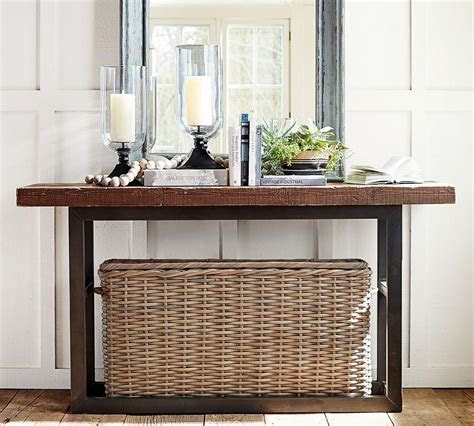 Image 0 of 40 golden forged iron oval glass coffee table. Griffin Reclaimed Wood Console Table | Pottery Barn CA