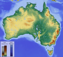 Map showing the topography of Australia, showing a some elevation in the west and very high elevation in mountains in the southeast