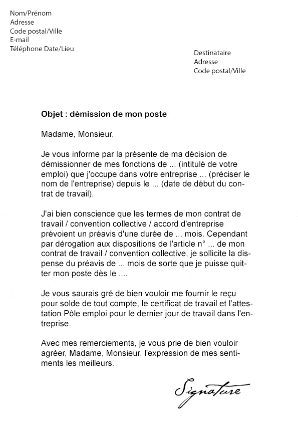 Lettre de démission (CDI) - Sans préavis - Modèle de Lettre