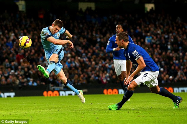 England international James Milner (left) fires a shot during the Premier League clash