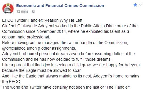 EFCC releases statement explaining why its former twitter handler left the commission 