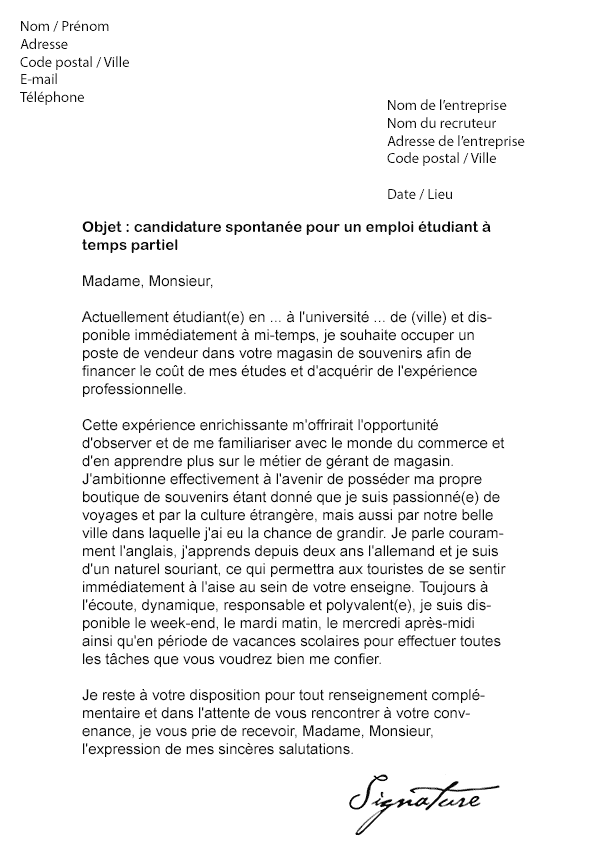 exemple lettre de motivation pour un job etudiant