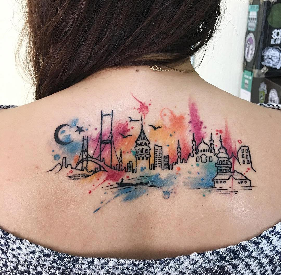 Istanbul City Watercolor Tattoo On Girl S Back