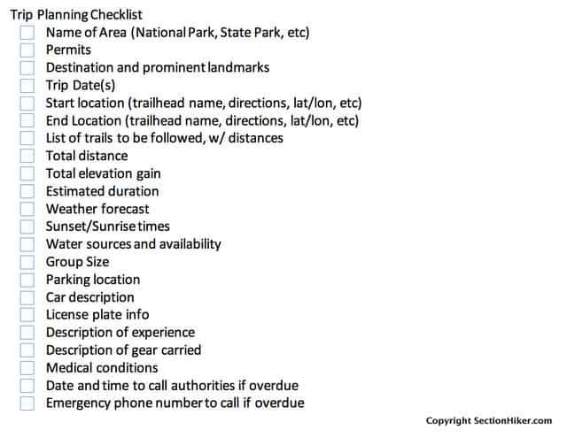 Hiking Trip Plan Checklist