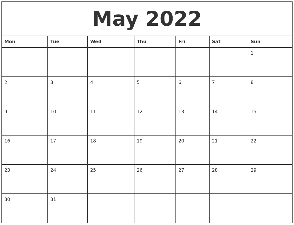 may 2022 printable monthly calendar