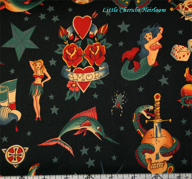 Alexander Henry Mermaid Skull Sword Tattoo Black Fabric