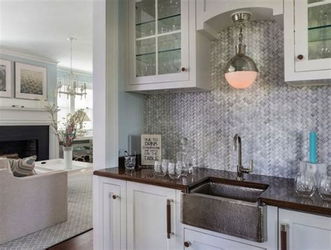 herringbone marble tile backsplash contemporary