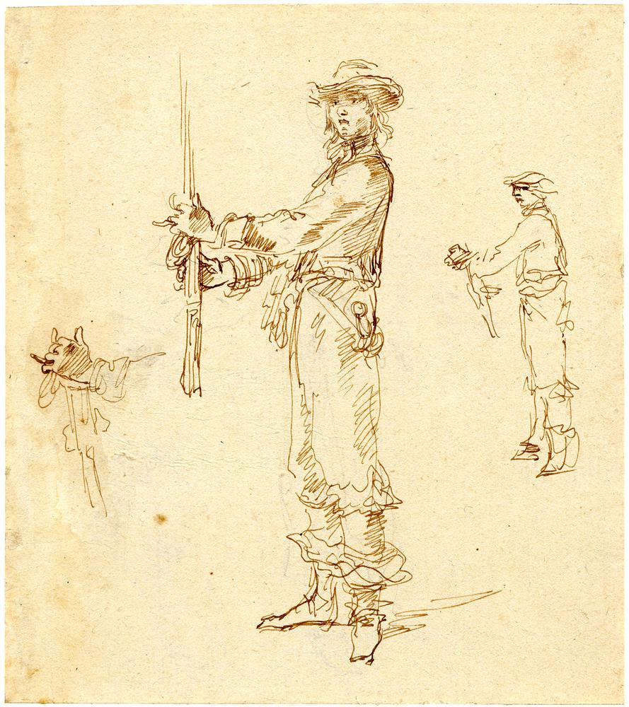 Study of a musketeer presenting arms, with a smaller sketch of the same pose and of his hands
Pen and brown ink
Verso: A musketeer standing with his gun over his shoulder, another soldier kneeling at r
Pen and brown ink, over black chalk