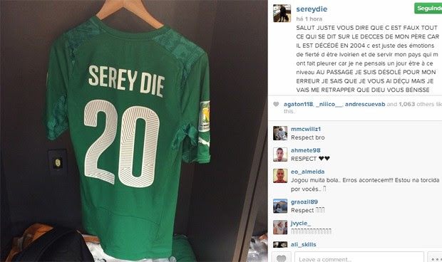 O jogador marfinense negou que ficou sabendo da morte de seu pai duas horas antes da partida contra a Colômbia (Foto: Reprodução / Instagram)