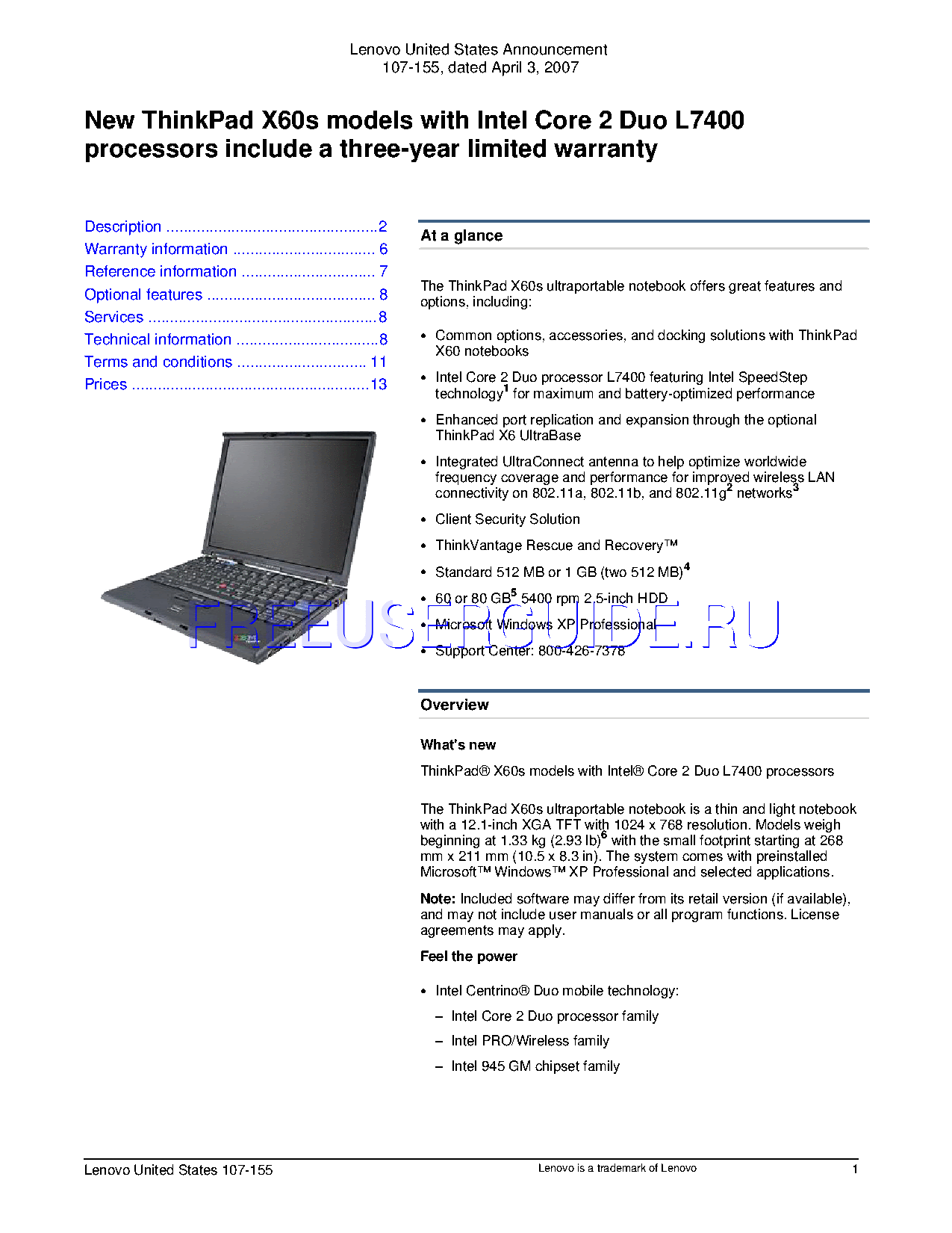 User's Manual for Laptops Lenovo X60S, download free