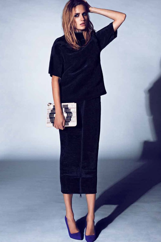 LE FASHION BLOG EDITORIAL COSTUME MAGAZINE TOPSHOP UNIQUE TERRY VELVET MID SLEEVE SHIRT MIDI SKIRT PURPLE ZARA HEELS PUMPS PROENZA TRIBAL PRINT CLUTCH BAG 2